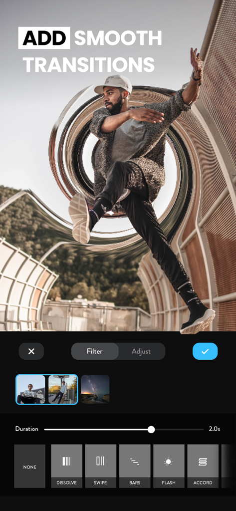 Video Editor with Music・VidLab - VidLab app interface showing video transition options like dissolve and swipe with a duration slider