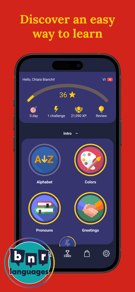 Learn Vietnamese (Beginners) - Interface of the Learn Vietnamese app showing introductory lessons for alphabet colors and greetings with user progress stats