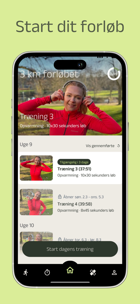 Mobile app screen of Buddio showing a 3km running training program with audio guided sessions