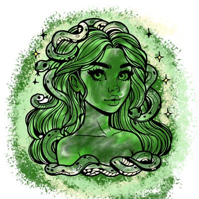 realistic girl with snakes as hair