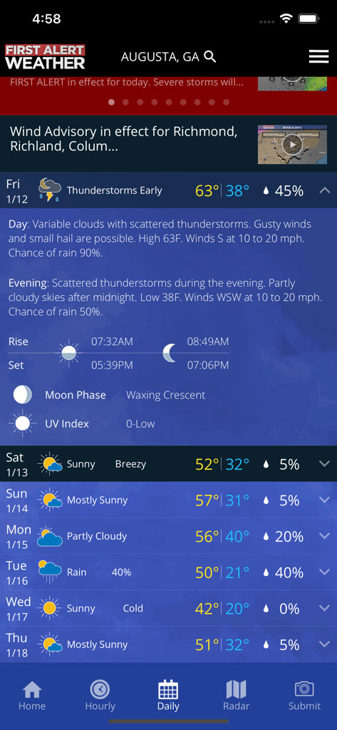 Detailed daily and weekly weather forecast for Augusta Georgia on the WRDW Weather app