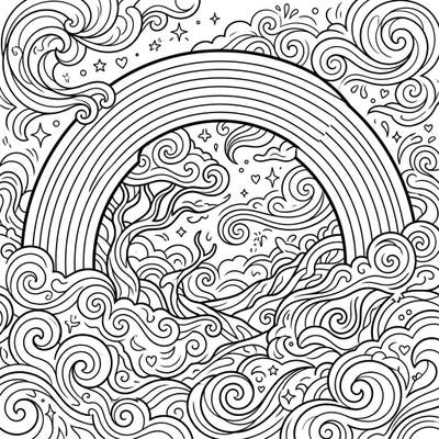 Dive into a mesmerizing coloring experience with this intricate fogbow, brilliantly adorned with Pride rainbow hues. Explore a mystical, misty landscape filled with swirling patterns and celebratory shapes, perfect for creative expression.