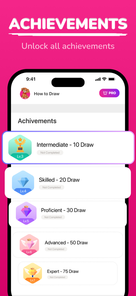 Screen showing drawing achievements from Intermediate to Expert levels