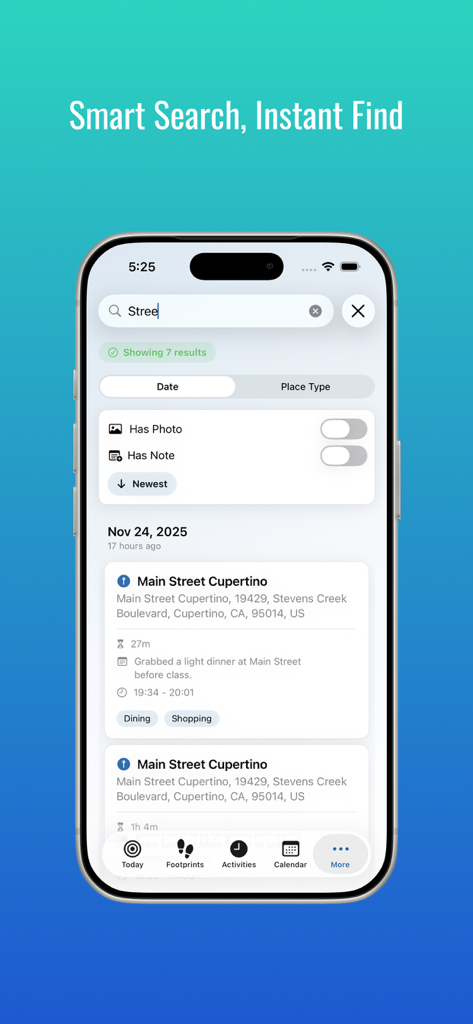 MeTrail - MeTrail app interface showing a smart search for location footprints with filters.