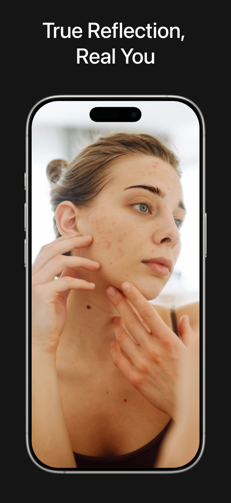 True Mirror App: Makeup Mirror - A woman checking her face in the True Mirror app on an iPhone screen