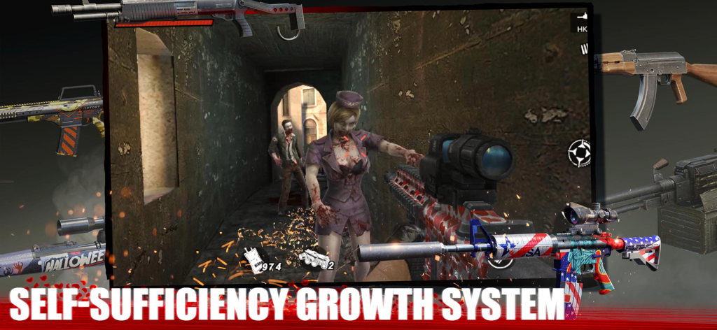 First person shooter gameplay from Zombie Frontier 4 showing a player aiming at a zombie with various weapon skins displayed