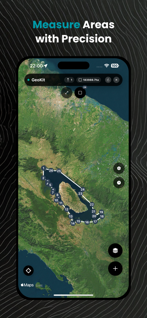 GeoKit: Geology Toolkit - GeoKit app interface showing a satellite map with a large lake area measured using precise digital markers.