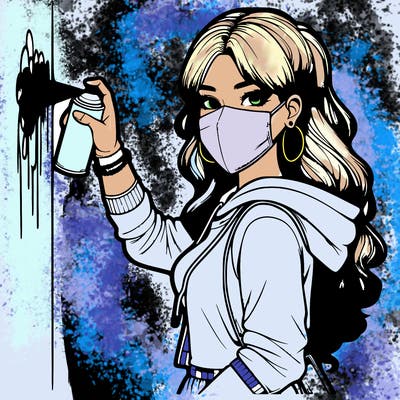 realistic girl with mask spray painting a wall