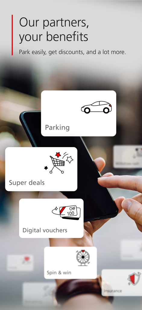 UBS TWINT - Screenshot of UBS TWINT app showing integrated features like parking, super deals, and digital vouchers