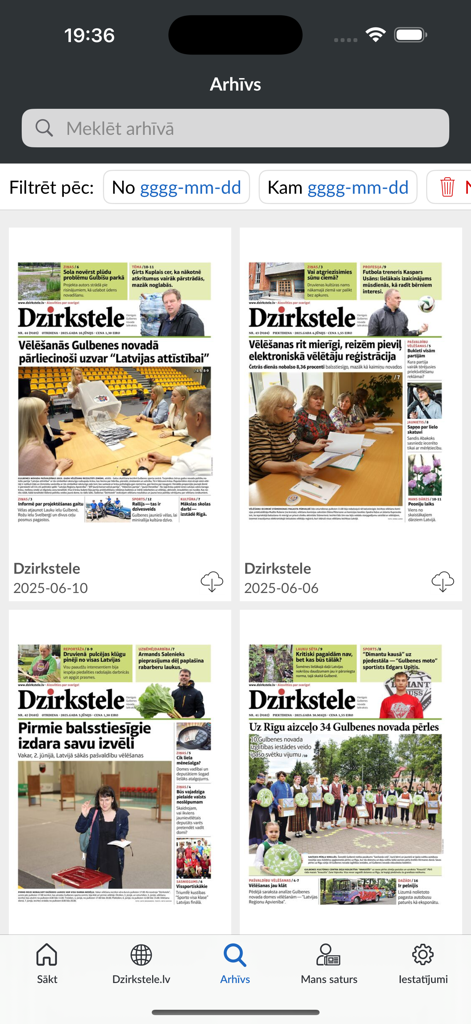 Dzirkstele - Mobile app screen showing the digital archive of Dzirkstele newspaper editions