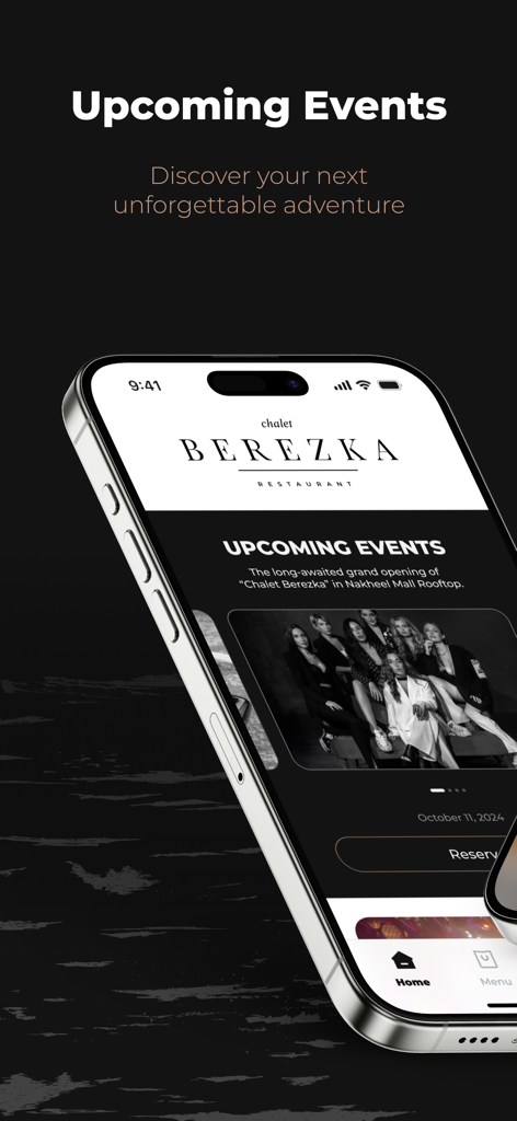 Smartphone screen displaying upcoming events for Chalet Berezka Dubai restaurant.