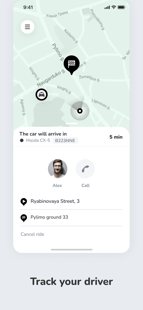 Fenix Ride - Interface of Fenix Ride app showing a map to track a driver's arrival with estimated time and vehicle details