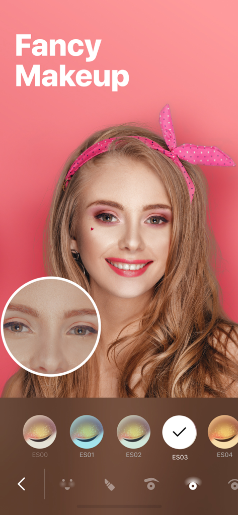 Facey: Face Editor &Makeup Cam - A woman using the Facey app to apply fancy virtual eye makeup with a magnifying detail on her eyes