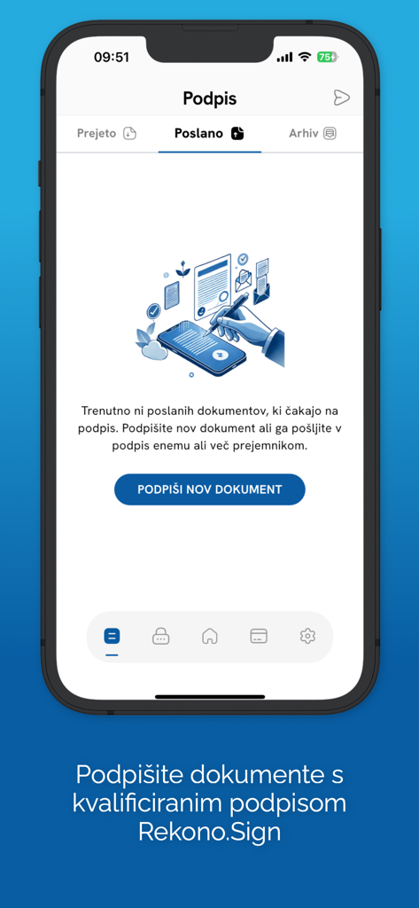 Rekono OnePass - Rekono OnePass mobile app screen showing the digital document signing section with an option to sign new documents using Rekono Sign.
