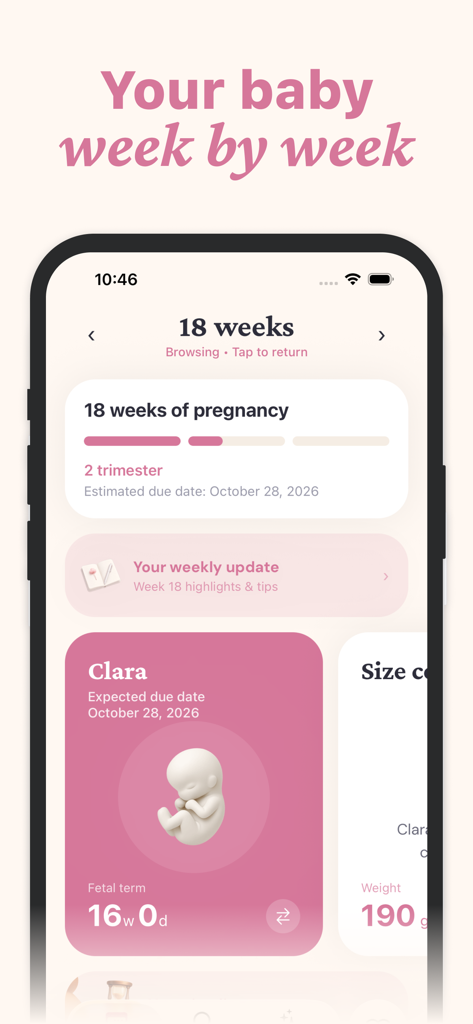 Pregnancy Tracker Baby Lua app interface showing week 18 progress with a fetal growth illustration and due date information.