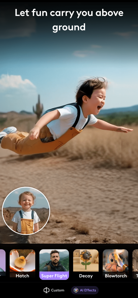 AI-generated video of a child flying horizontally over a desert landscape using the Super Flight effect in LTX Buzz