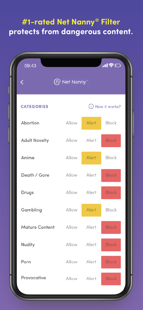 Net Nanny app interface showing content filtering settings for categories like porn and gambling