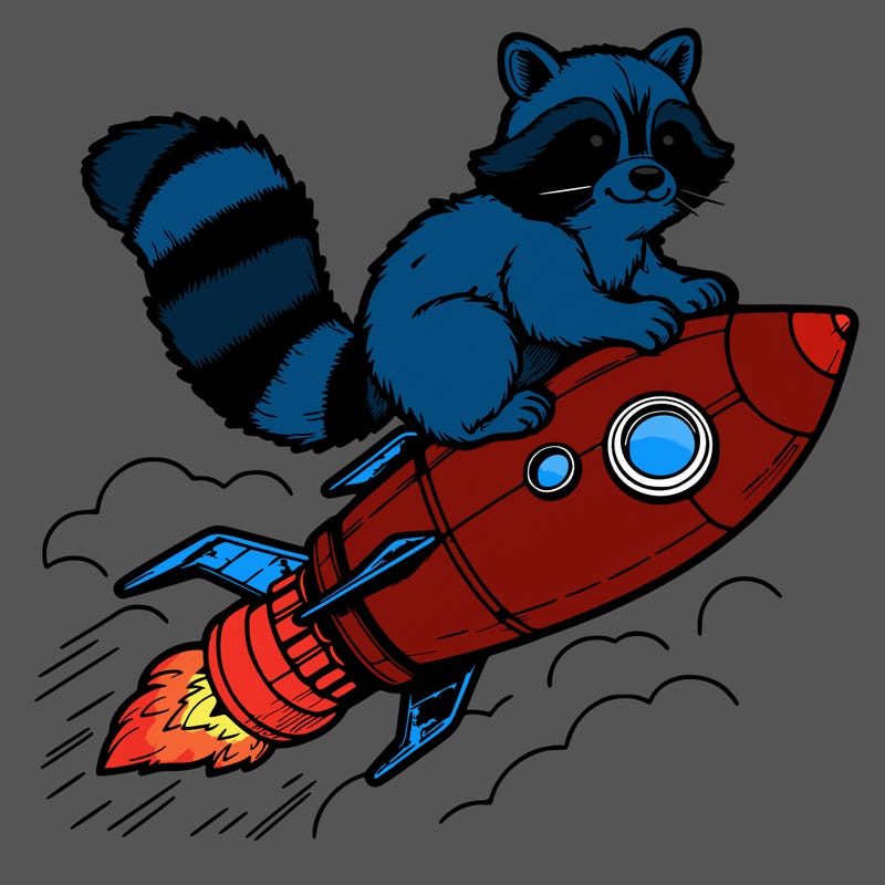 realistic raccoon flying on top rocket ship