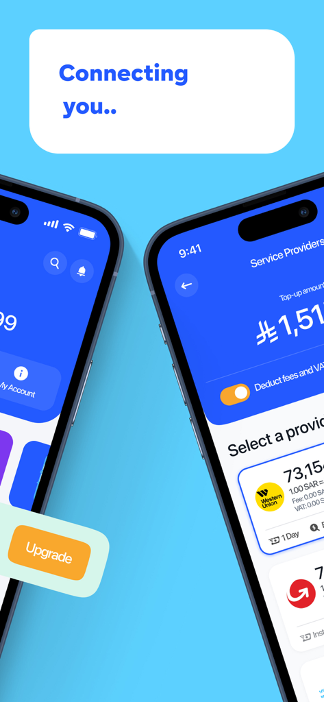 Interfaccia mobile dell'app urpay che mostra le opzioni di trasferimento di denaro internazionale e i provider di servizi.