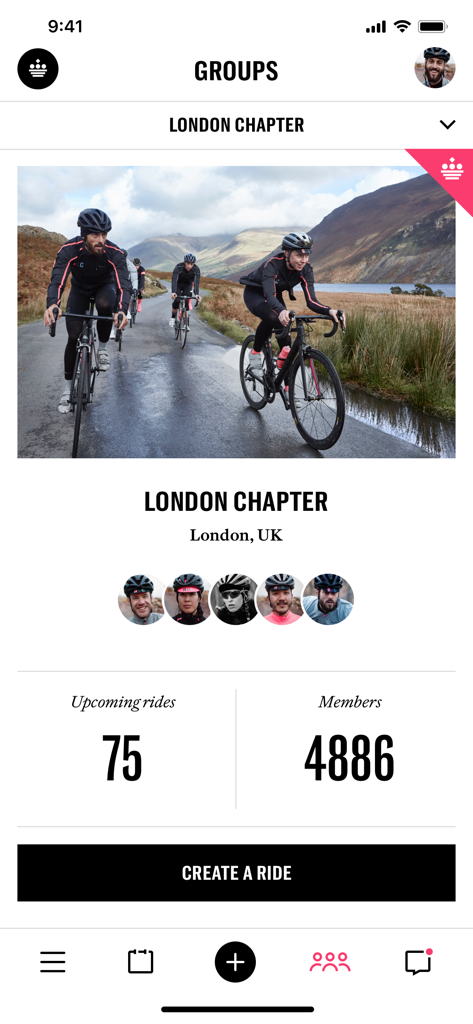 Rapha Cycling Club app interface displaying the London Chapter group with statistics for members and upcoming rides