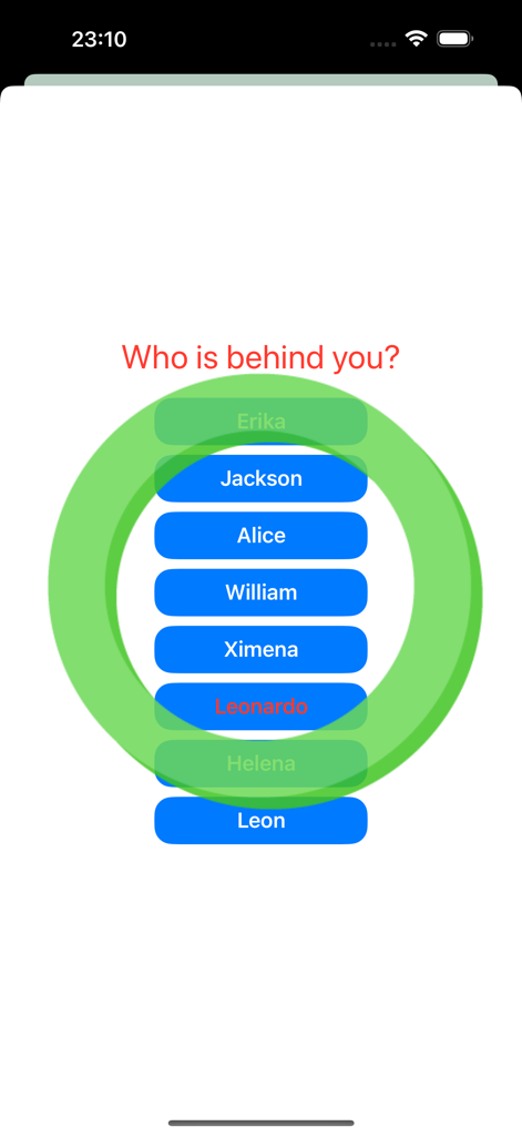 Kagome Kagome - A gameplay screen from the Kagome Kagome app asking Who is behind you with a list of names to select.