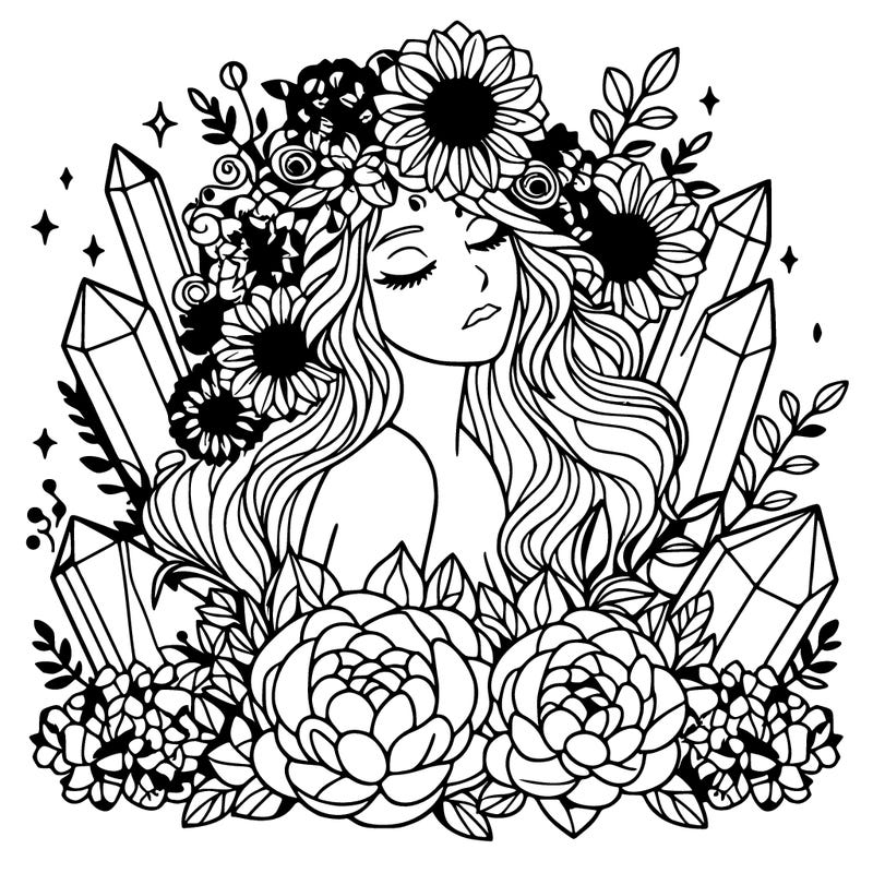 complex woman with flowers, crystals