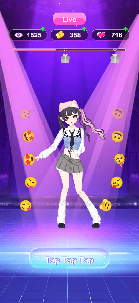 Which Dress? Left or Right - An anime avatar performing on a live fashion show stage with emojis and viewer stats