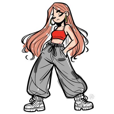 girl in baggy pants crop top and long hair
