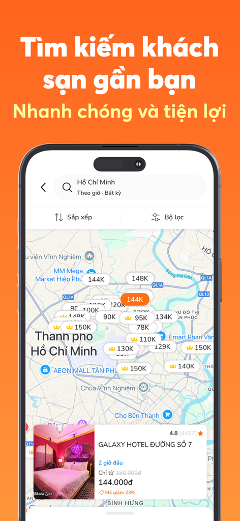 Go2Joy - Đặt phòng theo giờ - Capture d'écran de l'application Go2Joy montrant une carte avec les prix des hôtels pour des séjours à l'heure à Ho Chi Minh-Ville
