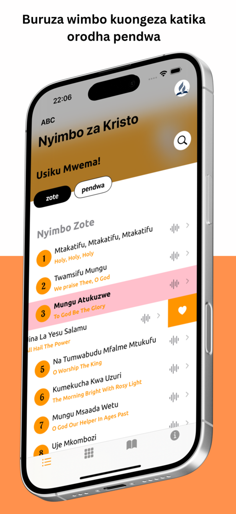 Nyimbo Za Kristo - Interfaz de la aplicación Nyimbo Za Kristo que muestra una lista de himnos en suajili con traducciones al inglés y una función de deslizar para favoritos.