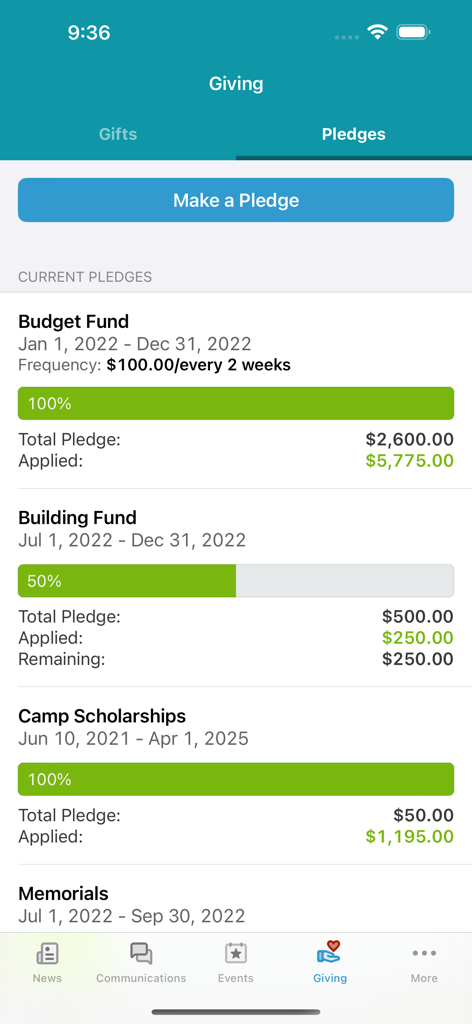 Realm Connect - For Our Church - Interface of Realm Connect app showing progress bars for church pledges and funds