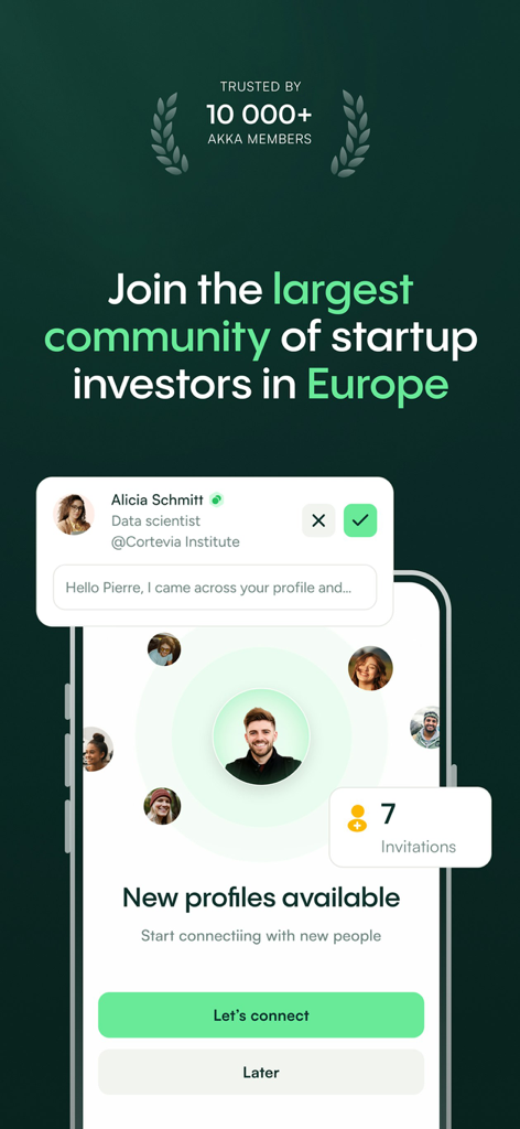 Akka - Pantalla de la aplicación Akka que destaca la comunidad de inversores de startups y la interfaz de networking