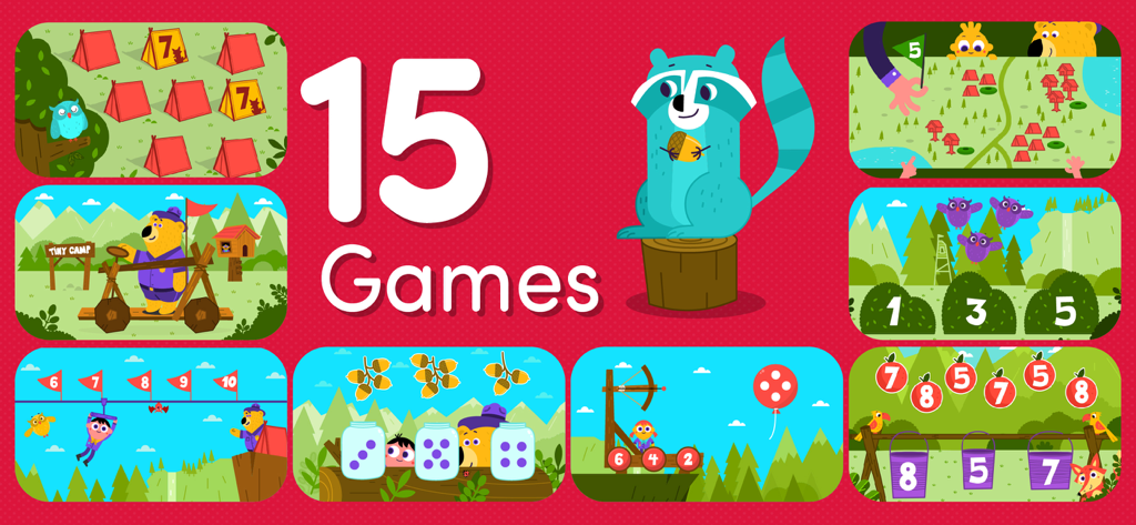123 Toddler games for 2 3 year - Collage of 15 educational mini games for toddlers featuring math and camping themes
