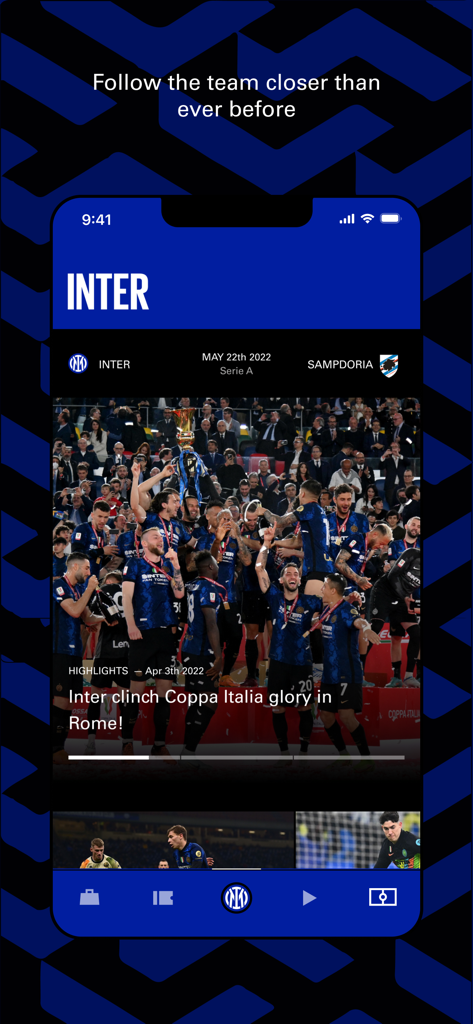 Inter Official App - Inter Official App home screen showing the team celebrating their Coppa Italia victory