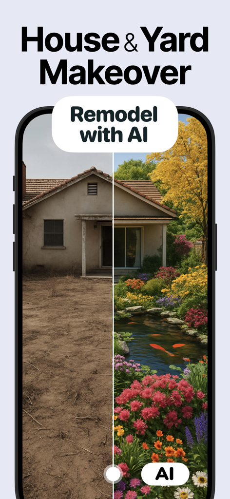 Landscape AI: AI Garden Design - Comparação antes e depois de uma reforma de quintal usando design de jardim com IA