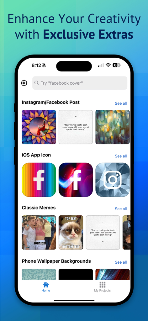 Cover Creator Pro, Cover Maker - Mobile app interface of Cover Creator Pro showing template categories for social media posts app icons and memes