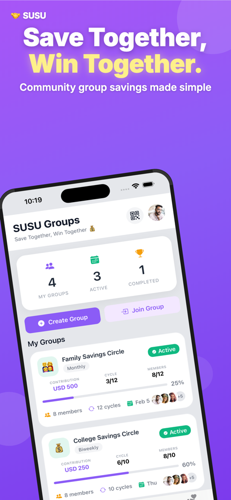 SUSU Circles - SUSU Circles app interface showing family and college group savings progress and active cycles.