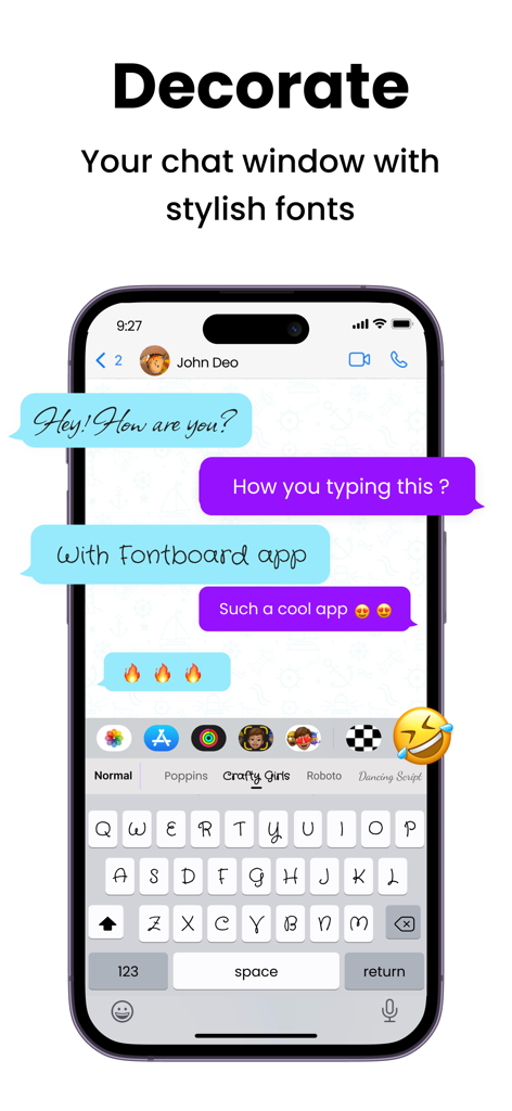 Fontboard: Trendy Fonts - Una pantalla de iPhone mostrando una conversación de chat usando varias fuentes decorativas y elegantes proporcionadas por la extensión de teclado de Fontboard.