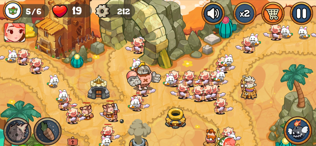 Gameplay screenshot of Tower Defense Kingdom Reborn showing a desert-themed map with towers and fantasy units defending against waves of enemies.