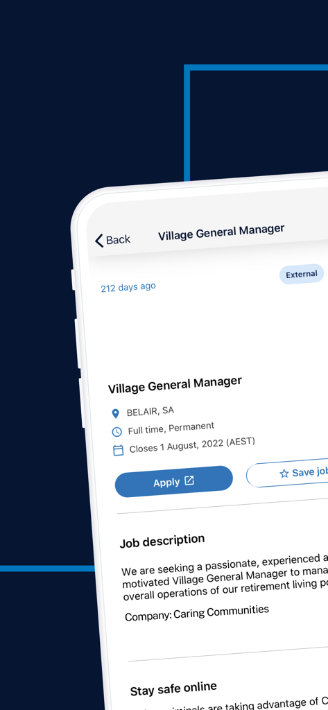 Workforce Australia - Workforce Australia mobile app displaying details for a Village General Manager job listing with options to apply or save.