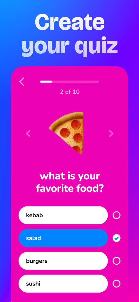Una pantalla de la aplicación superBFF que muestra una interfaz de creación de quiz preguntando ¿cuál es tu comida favorita? con un emoji de pizza y opciones de respuesta múltiple.