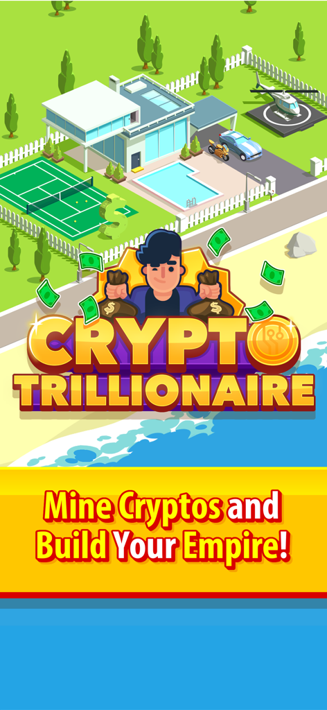 Crypto Trillionaire - Crypto Trillionaire game title screen showing a luxury villa and character with money bags