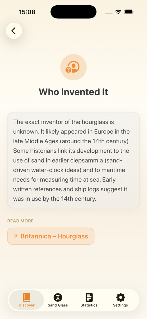 Hourglass Story - Educational screen from Hourglass Story app about the origins of the hourglass