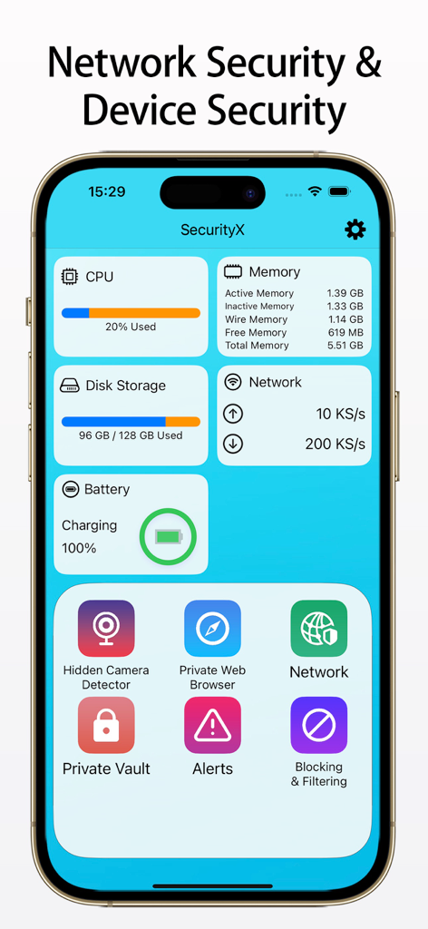 SecurityX- AD Blocker,Privacy+ - SecurityX app interface displaying system performance widgets and privacy security tools