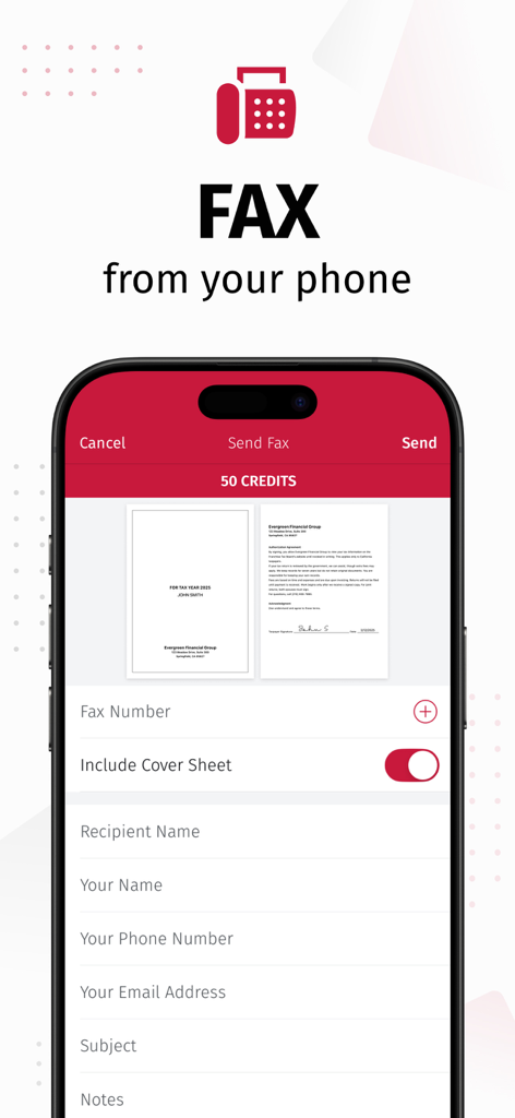 ドキュメントプレビューが表示されているSwiftScanアプリのFAX送信機能を表示するスマートフォン画面