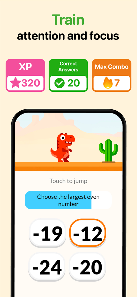 Thinky: Brain Training - Thinky app interface showing a math puzzle and cognitive metrics for brain training