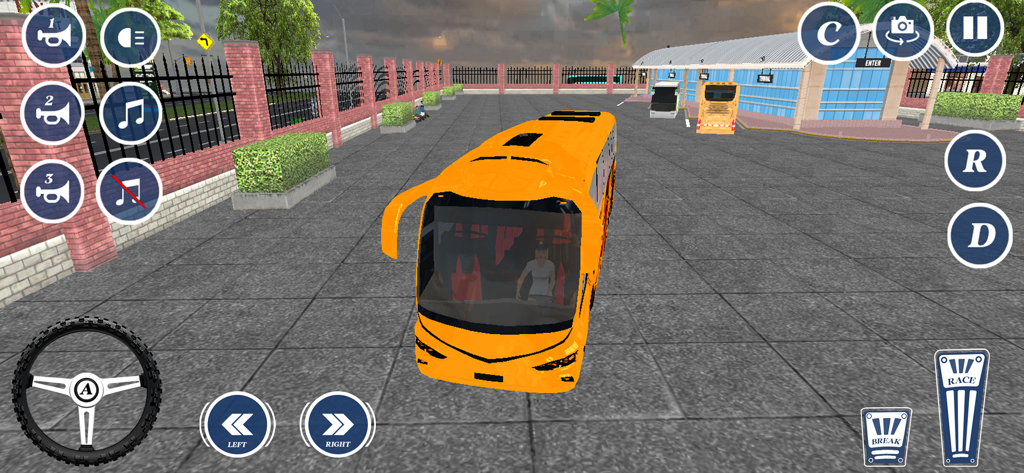Coach Bus Simulator Bus Games - Una captura de pantalla del juego de un autobús naranja en una terminal que muestra el volante y los controles del salpicadero.