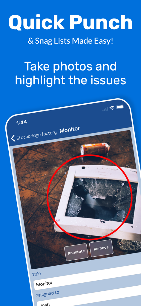 Snag List app interface showing a broken monitor with a red circle annotation for a construction punch list report