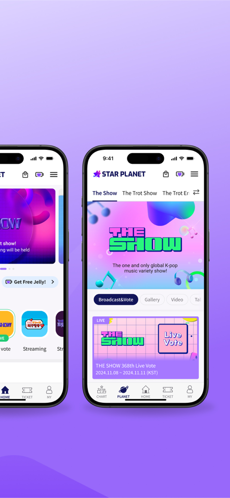 스타 플래닛: SBS M 더 쇼, 더 트롯쇼 투표 - Interface of the Star Planet app on two smartphones showing live voting for the K-Pop music show The Show.