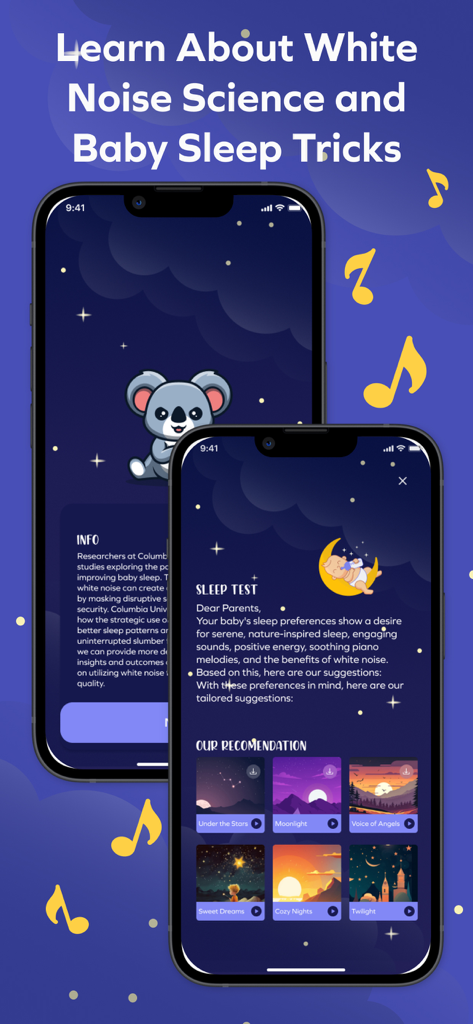 Koko Koala: Baby White Noise - Pantalla de la aplicación Koko Koala que muestra información sobre la ciencia del sueño del bebé y recomendaciones de sonido personalizadas